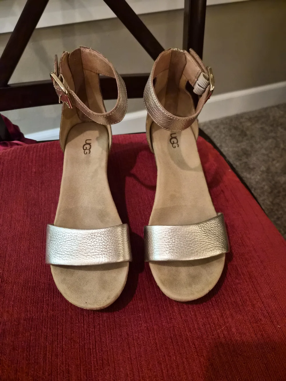 UGG Metallic Pale Gold Cork Wedge Sandals with Ankle Strap